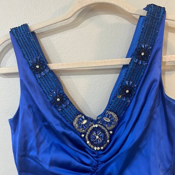David Meister Royal Blue Satin Sequin Jewel Mini V-Neck Sleeveless Dress Size 2 - Picture 2 of 4